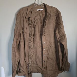 Chico's Brown Linen  Ruffled Front Button-Up Shirt, 2.5
